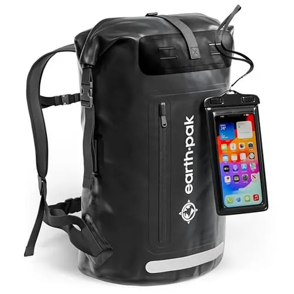 Earth Pak Waterproof Backpack - Heavy Duty Hiking Backpack - Roll-Top Closure Bag - Cushioned Dry Bag Waterproof Phone Case