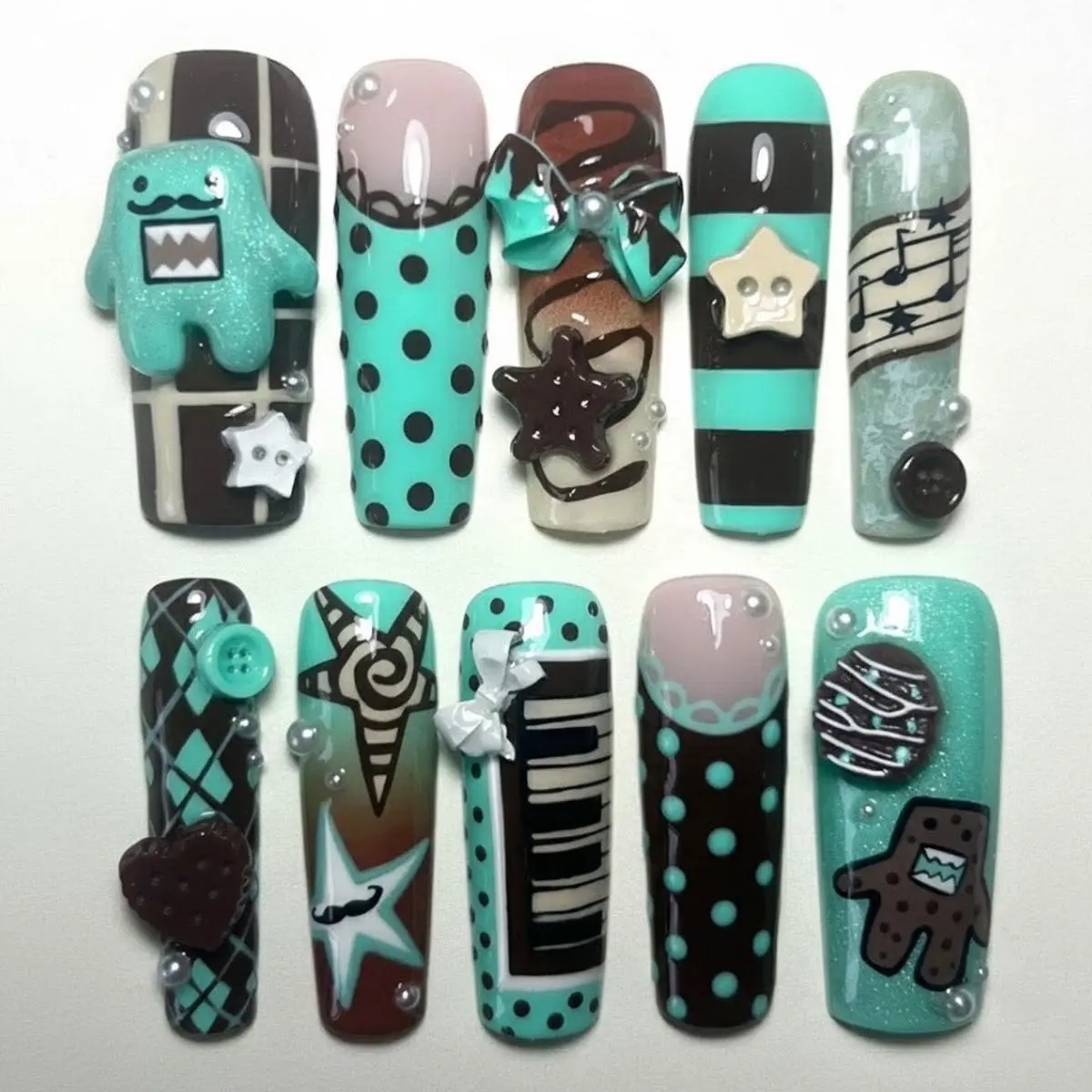 Handmade Y2K Scene Style Press-On Nails, Long Square Mint Green & Brown Monster Design Fake Nails with Keyboard Bow Charms