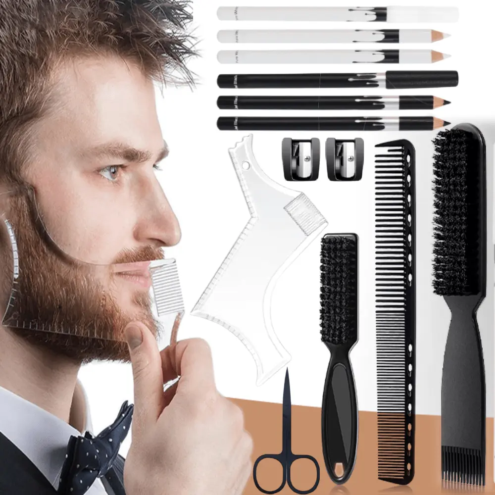 13Pcs Beard Shaper Tool Kit for Men, White Black Barber Pencil for Lineup Edging with Sharpener, Hairline Beard Guide Shaping Barber Comb Clipper Cleaning Brushes Hair Combs Set