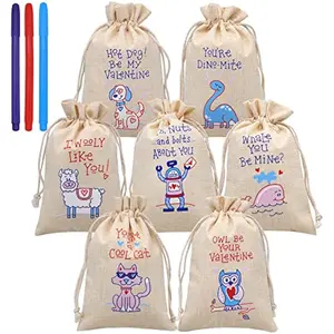 JOYIN 28 Pcs Valentine Drawstrings Canvas Bags with 3 Pens, 4x5.75 Inch Drawstring Pouch Candy Gift Linen Pockets for Kids Party Favor, Classroom Exchange Prizes