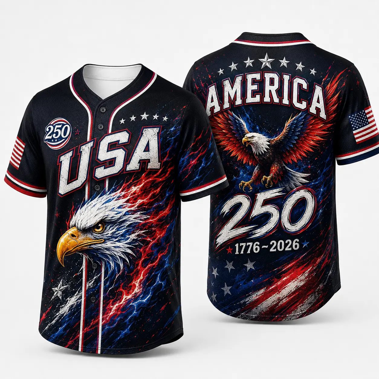 Men's Patriotic Baseball Jersey, USA 250th Anniversary Button-Down with Bald Eagle Graphic & Flame Print for 4th of July