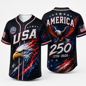 2026 USA 250 Black Button Down Baseball Jersey for Men, Bald Eagle Graphic, America 250 Back Print, Red Blue Flame Flag Design, Short Sleeve Patriotic Baseball Top for July 4th Game Day