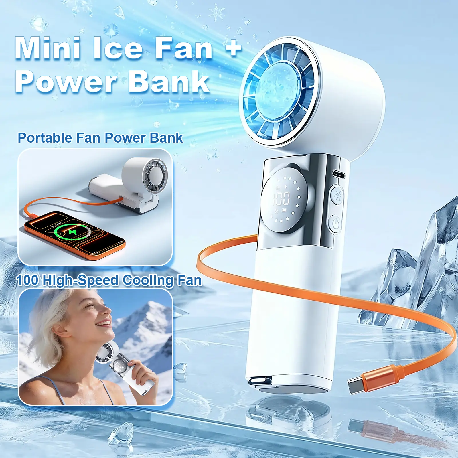 SWEETFULL 7-in-1 Portable Cooling Fan with Emergency Phone Charger Power Bank,Summer Fan(Type-c), Ion Cooling Technology, 100 Speed Turbo Fan with LCD Display, Rechargeable Handheld Fan with Neck Strap for Outdoor Camping Travel Sports