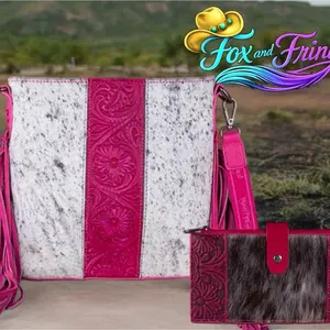 Trinity Ranch Hot Pink Cowhide Concealed Carry Crossbody Bag & Wallet Set with Floral Detailing and Leather Fringe