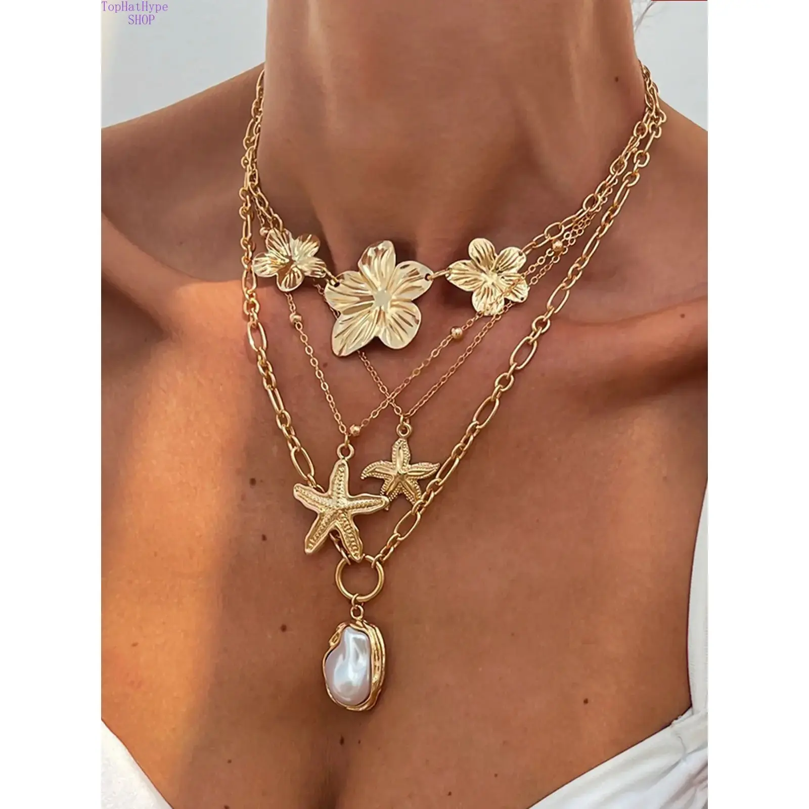 Women's 4-Piece Dainty Layered Chain Necklace Set with Pearl Accents, Zinc Alloy Minimalist-Casual Flower Pendants, Durable Coordinated Jewelry for Daily & Office Wear