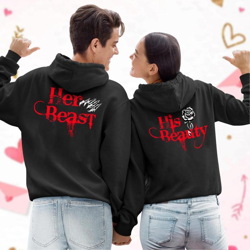 Her Beast His Beauty Couple Hoodies - Beauty And Beast Rose Shirt, Perfect Matching Sweatshirts, Valentines Couple Shirt, Set Couple Merch, Gift for Valentines