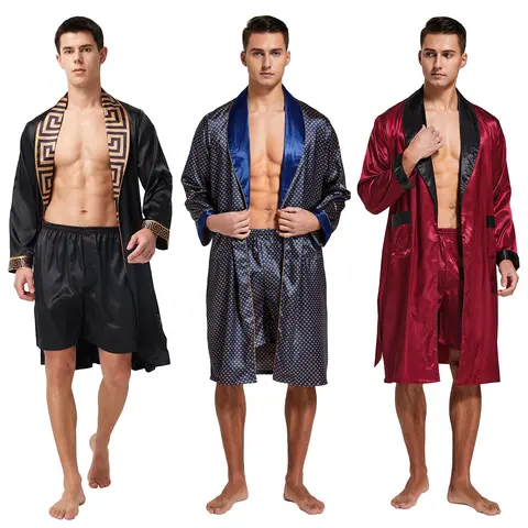 Tony & Candice Men's Satin Robe Lightweight Long Sleeve Silk Kimono Bathrobe with Shorts Set Sleepwear