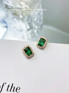Emerald Ear Studs 925 Sterling Silver Gold Plated Jewelry, Full Diamond Inlay Colorful Gemstones Amethyst Earrings for Women