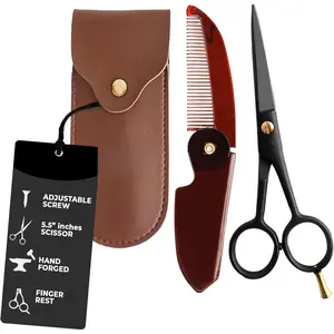 German Beard Mustache Scissor- 2 Mustache Combs for Facial Hair with Beautiful Pouch -Beard Trimming Scissors for Grooming, Cutting, and Styling of Mustache (Black with Folding Comb)