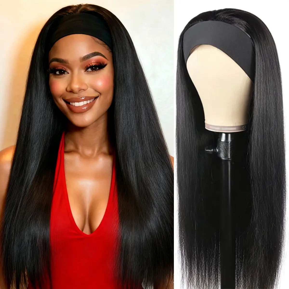 Headband Wig for Women Black Straight Synthetic Headband Wig Glueless Heat Resistant Natutal Looking for Daily Party Use 28 Inch