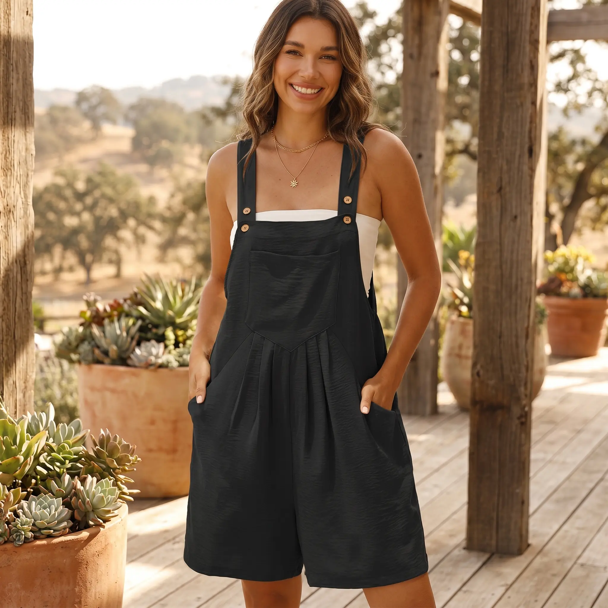 Women's Plus Size Basic Sleeveless Square Neck Overalls, Breathable Fabric Minimalist Casual Wide Leg Plain Jumpsuit with Adjustable Strap & Side Pockets, Summer Resort Wear