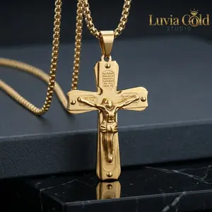 18 K Gold Plated Triple Layer Mechanical Crucifix Necklace for Men, Stainless Steel 3D Cross Pendant with Engraved Lord's Prayer, Waterproof Christian Religious Jewelry Gift for Him with 24" Box Chain