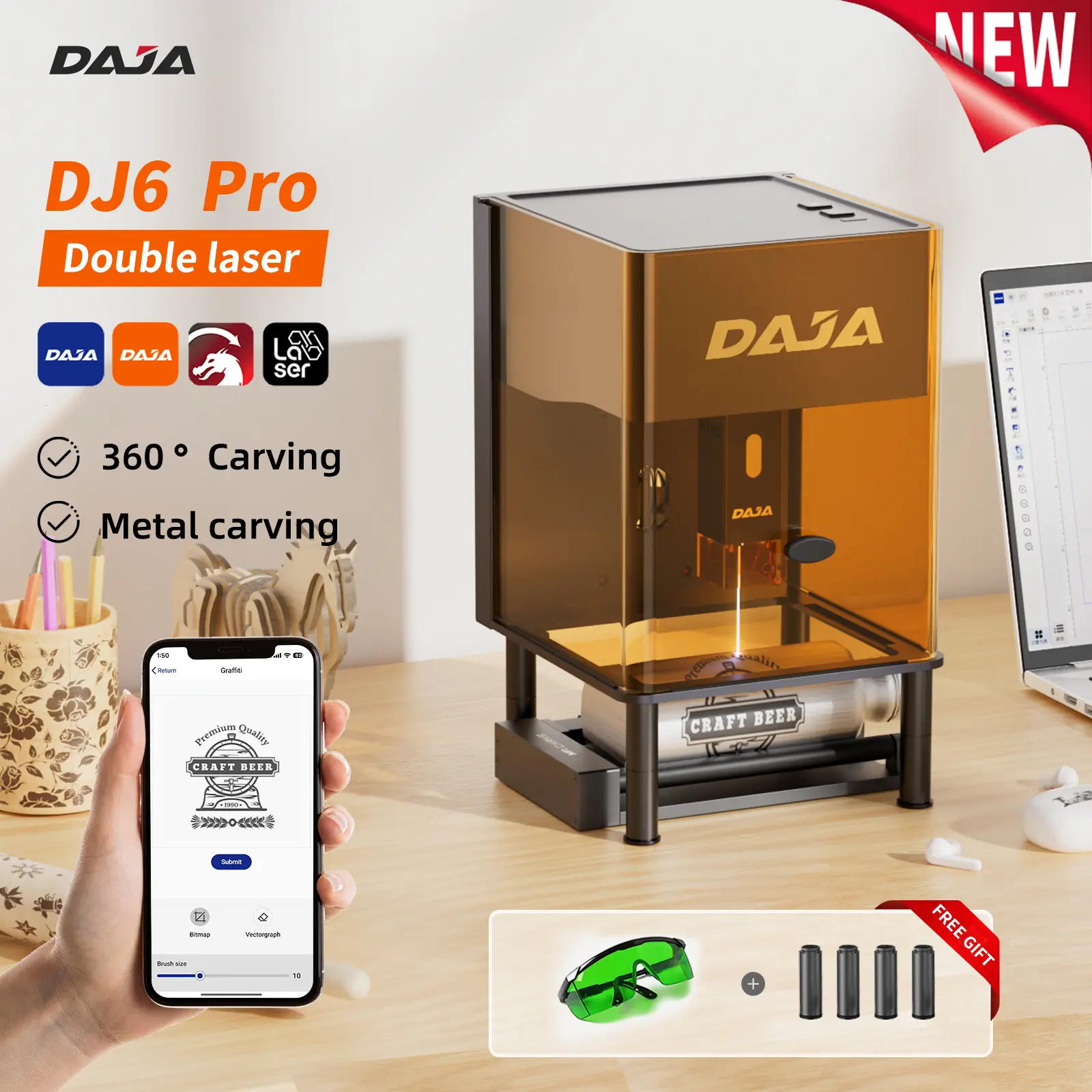 DAJA DJ6 Pro Laser Engraver Portable Safety Cover Cut Business Engraving Machine for Metal Stainless steel Jewelry Wood Acrylic
