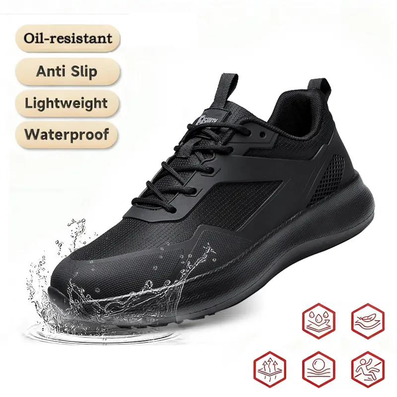 Black chef work shoes, super anti slip, waterproof and lightweight, suitable for standing all day long, with lace up design, mesh design, versatile for daily use, suitable for kitchen and outdoor scenes.DealsForYouDays