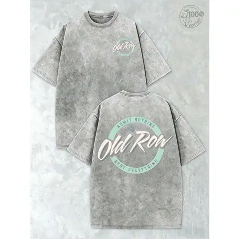 Men's Thick Cotton Washed Vintage Graphic Tee - Round Neck, Short Sleeve, Gray & Teal Circle Logo Double-Sided Print, 2026 Summer Streetwear, Casual Menswear, Trending Clothes, Vintage Graphic Tees