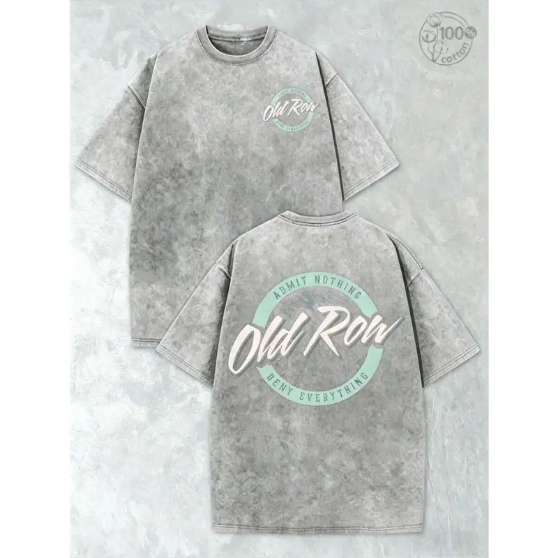 Men's Thick Cotton Washed Vintage Graphic Tee - Round Neck, Short Sleeve, Gray & Teal Circle Logo Double-Sided Print, 2026 Summer Streetwear, Casual Menswear, Trending Clothes, Vintage Graphic Tees