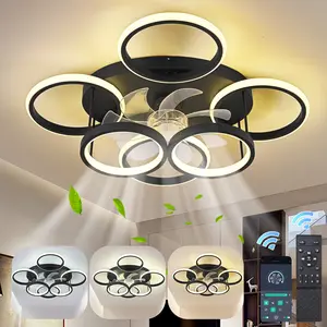 Ceiling Fanlight, Modern LED Dimmable Bladeless Fanlight, 66W Black 6-Rings 24.8in Reversible 6-Speed Ceiling Fan Lamp Flush Mount Lighting Fixture with Remote for Living Room, Dining Room, Office