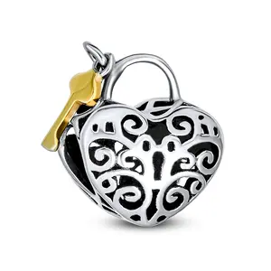 .925 Sterling Silver Heart Shape Filigree Lovers Lock & Key Charm Bead 14K Gold Plated for Bracelet