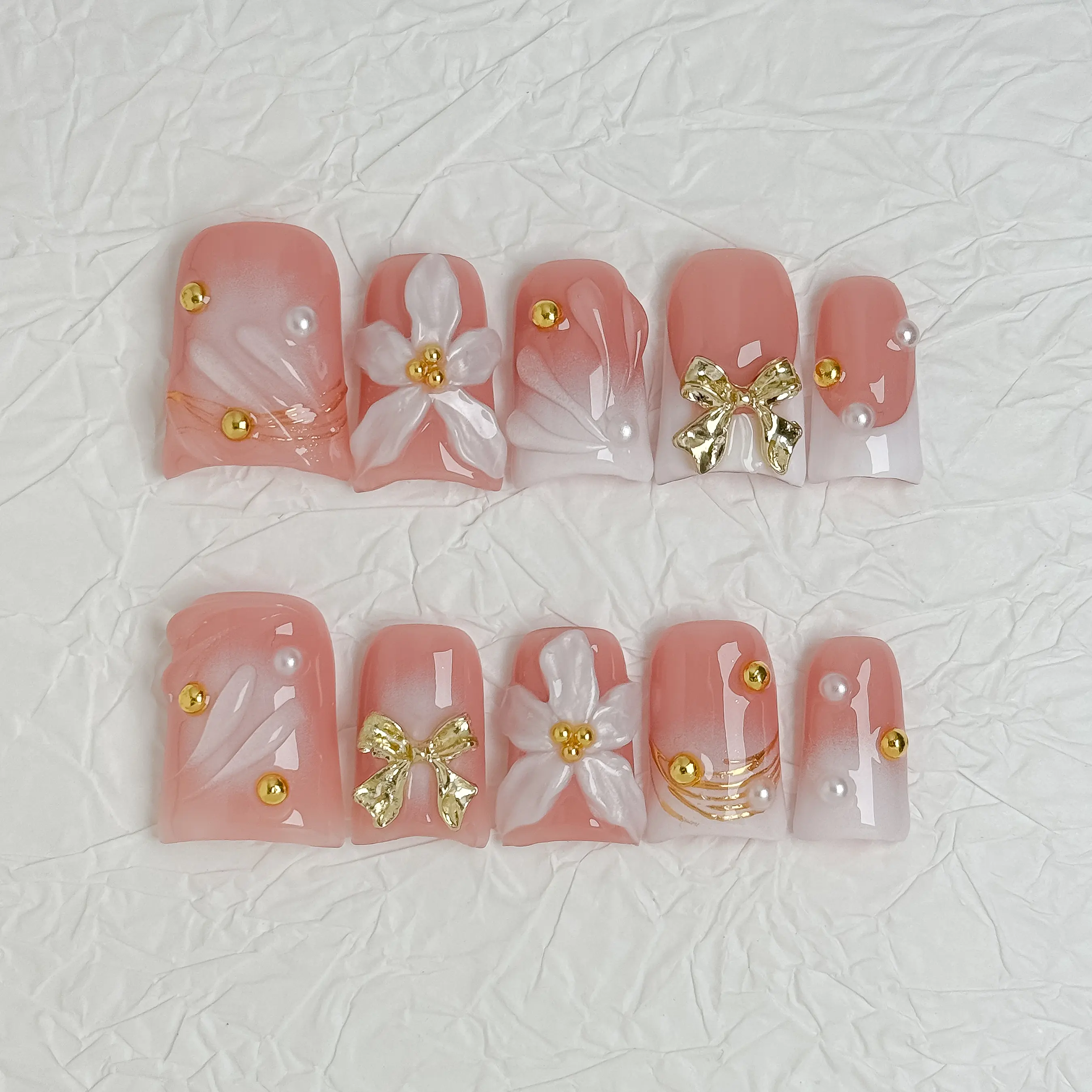 Nail Luna Handmade 3D Floral & Pearl Press-on Nails, Luxury Reusable Style with Peach Ombre Ribbon, White Pearlescent Shimmer and Sparkly Rhinestones, Two Sets