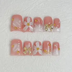 Handmade 3D Floral & Pearl Press-on Nails | Peach Ombre Ribbon Luxury Reusable Nails