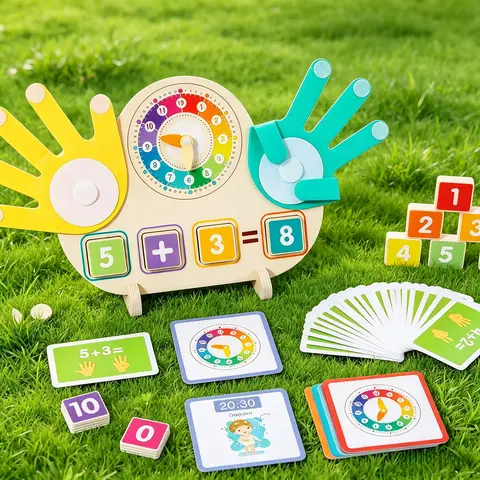 Montessori 100% Sustainably Sourced Wood 4-in-1 Math Teaching Aid - Finger Counting Blocks with Analog Learning Clock, Handles, Arithmetic Slots, Built to Last for Preschool Toddlers (3-6 Years), Christmas/Birthday Gift
