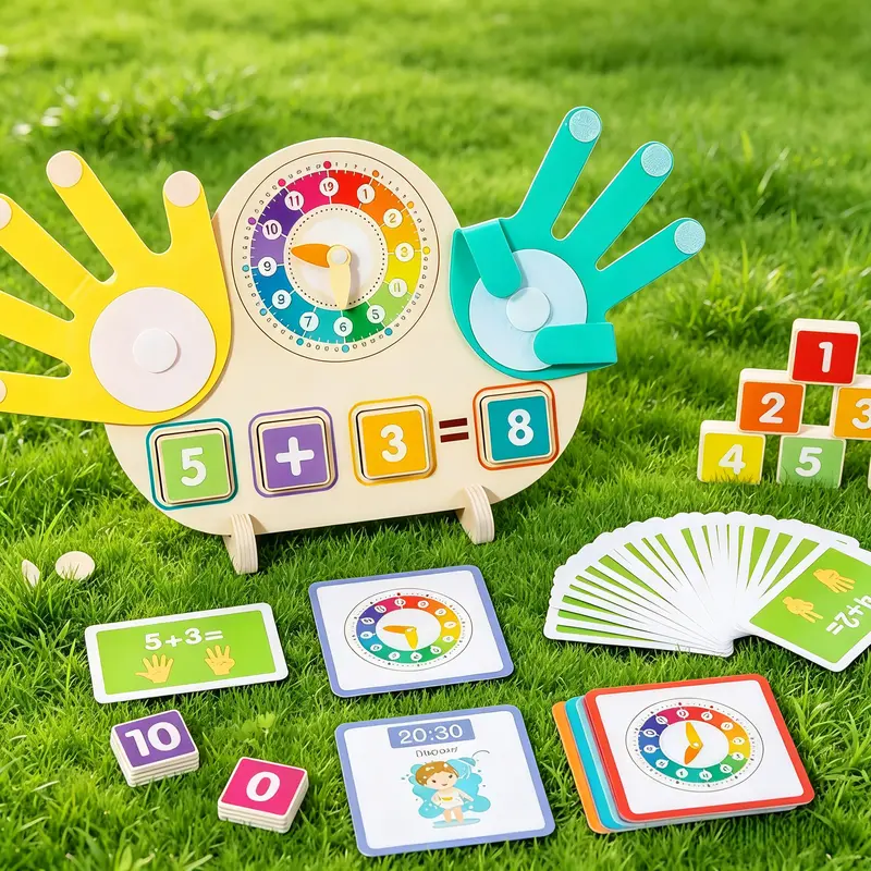 Montessori 100% Sustainably Sourced Wood 4-in-1 Math Teaching Aid - Finger Counting Blocks with Analog Learning Clock, Handles, Arithmetic Slots, Built to Last for Preschool Toddlers (3-6 Years), Christmas/Birthday Gift