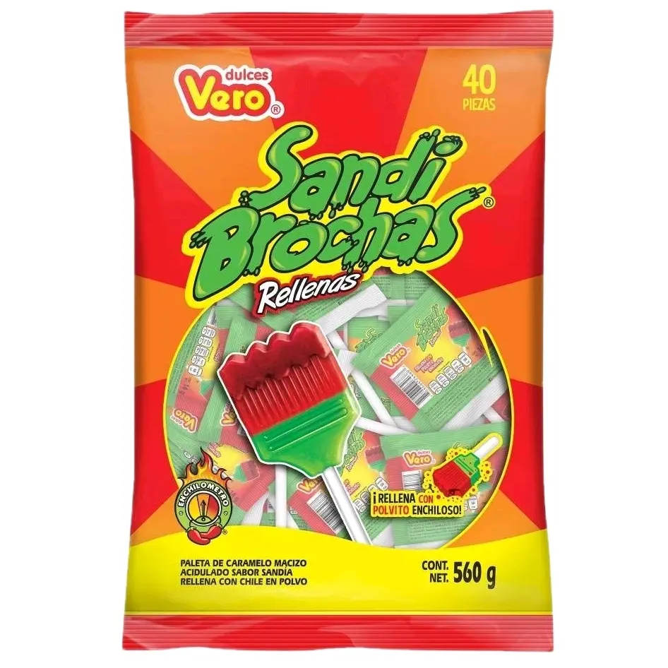 VERO SANDIBROCHAS - Prendidas & Sandi Brochas Rellenas, Hard candy lollipop covered with chili / 40 Pieces  Bag /