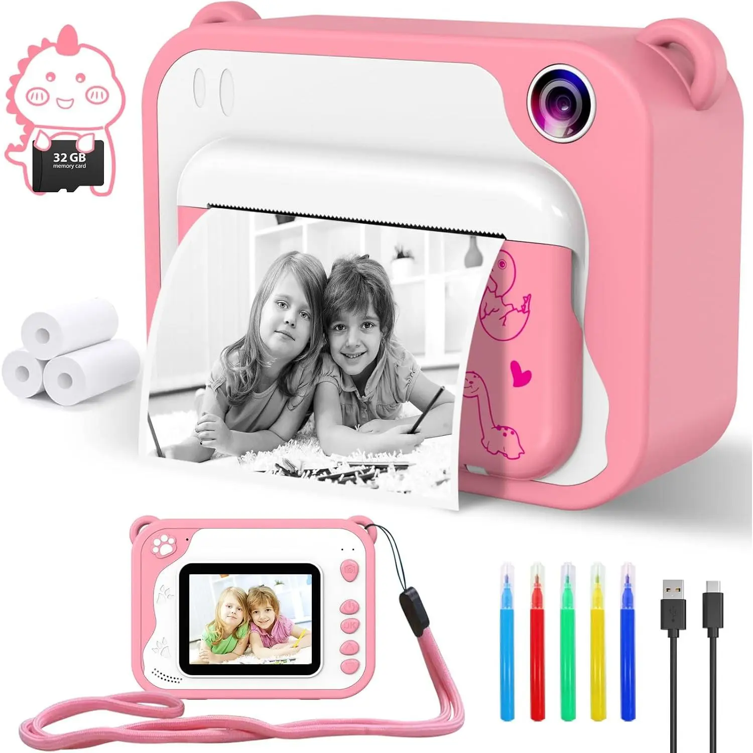 Camera  Print, Dinosaur  Digital  Camera,1080P with 32G SD Card,   Birthday Gifts Portable  for 3-12 Year Old Girls Boys ()