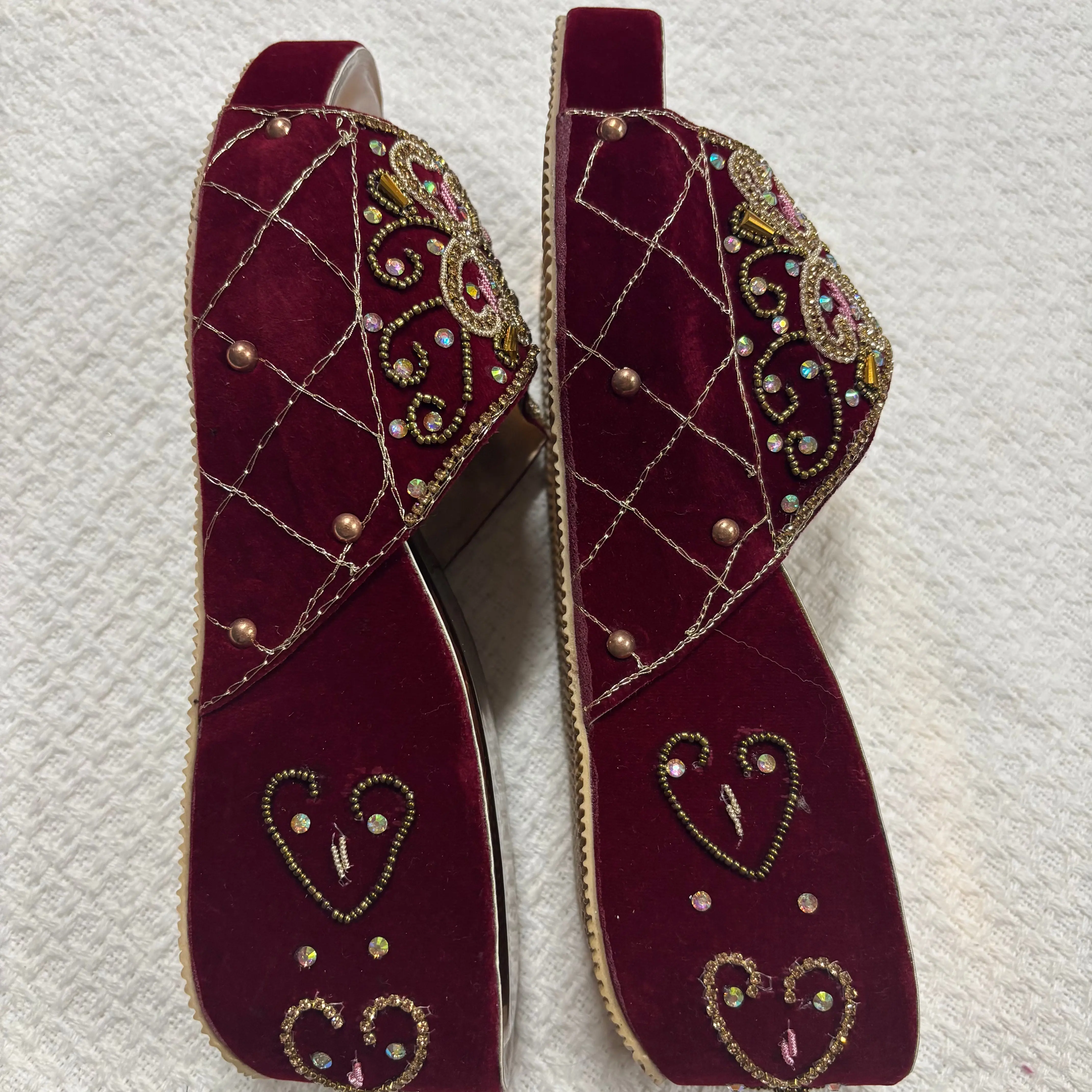 Womens Red Velvette Bridal Shoes with Stone and Embroidary work