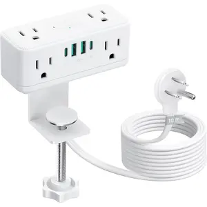 Small Footprint Desk Clamp Power Strip USB C PD 20W, Flat Plug Extension Cord 10ft, 3 Sided 6 Outlets, 4 USB, 900J Surge Protection, Fit 2.16" Tabletop Edge,  Office Desk Accessories, White