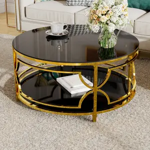 Round Glass Coffee Table Modern Living Room Table, 30.7" Gold Stainless Steel Leg Black Tempered Glass, Circle Sofa Center Table Furniture for Home Apartment Office, Black+Gold