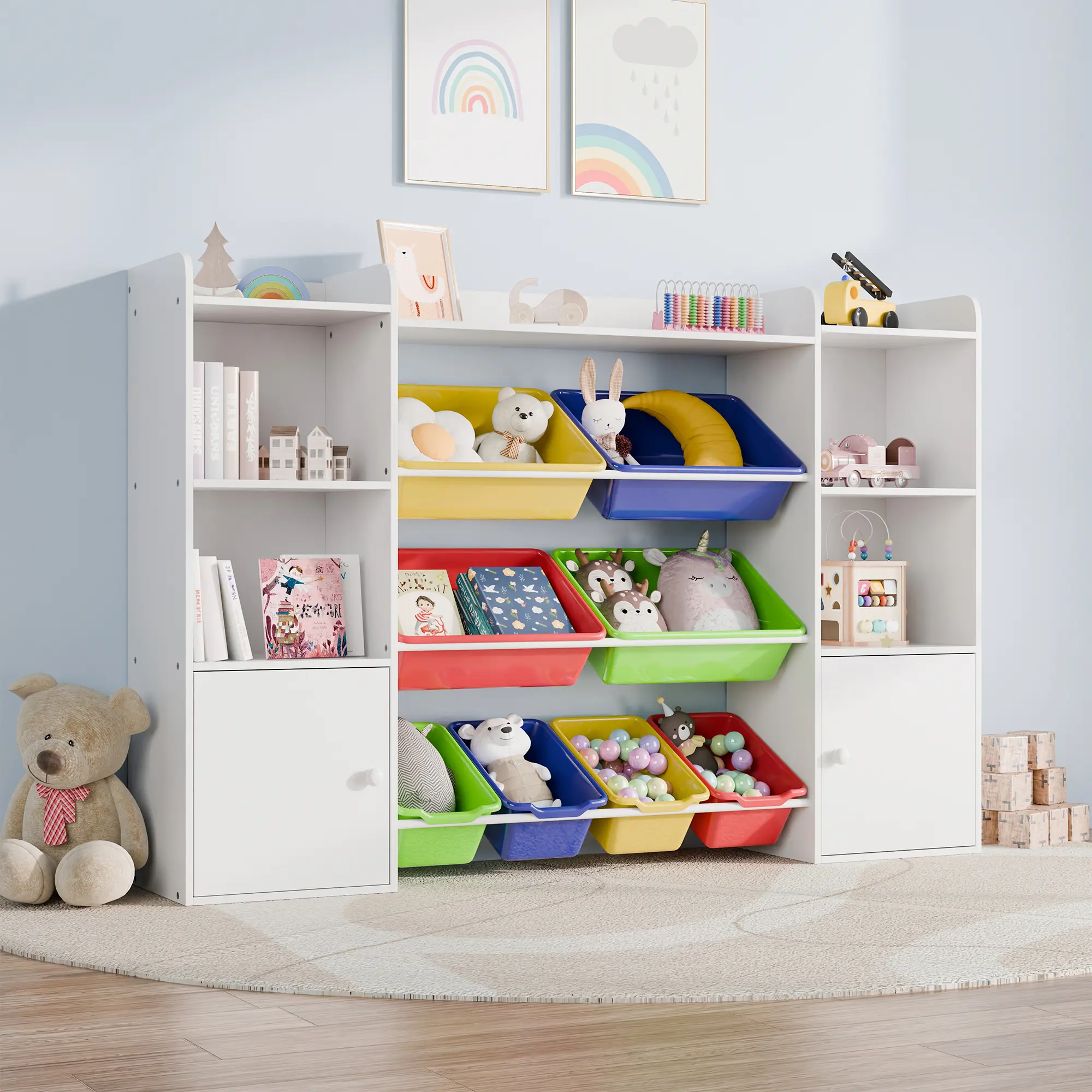 Topwin 4-Tier Toy Storage Organizer Shelf - 100% Solid Wood,Extra Wide Storage Cabinet with 8 Plastic Bins and 2 Storage Ports【small】