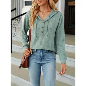 Women's V-neck Loose Long Sleeved Hooded Sweatshirt