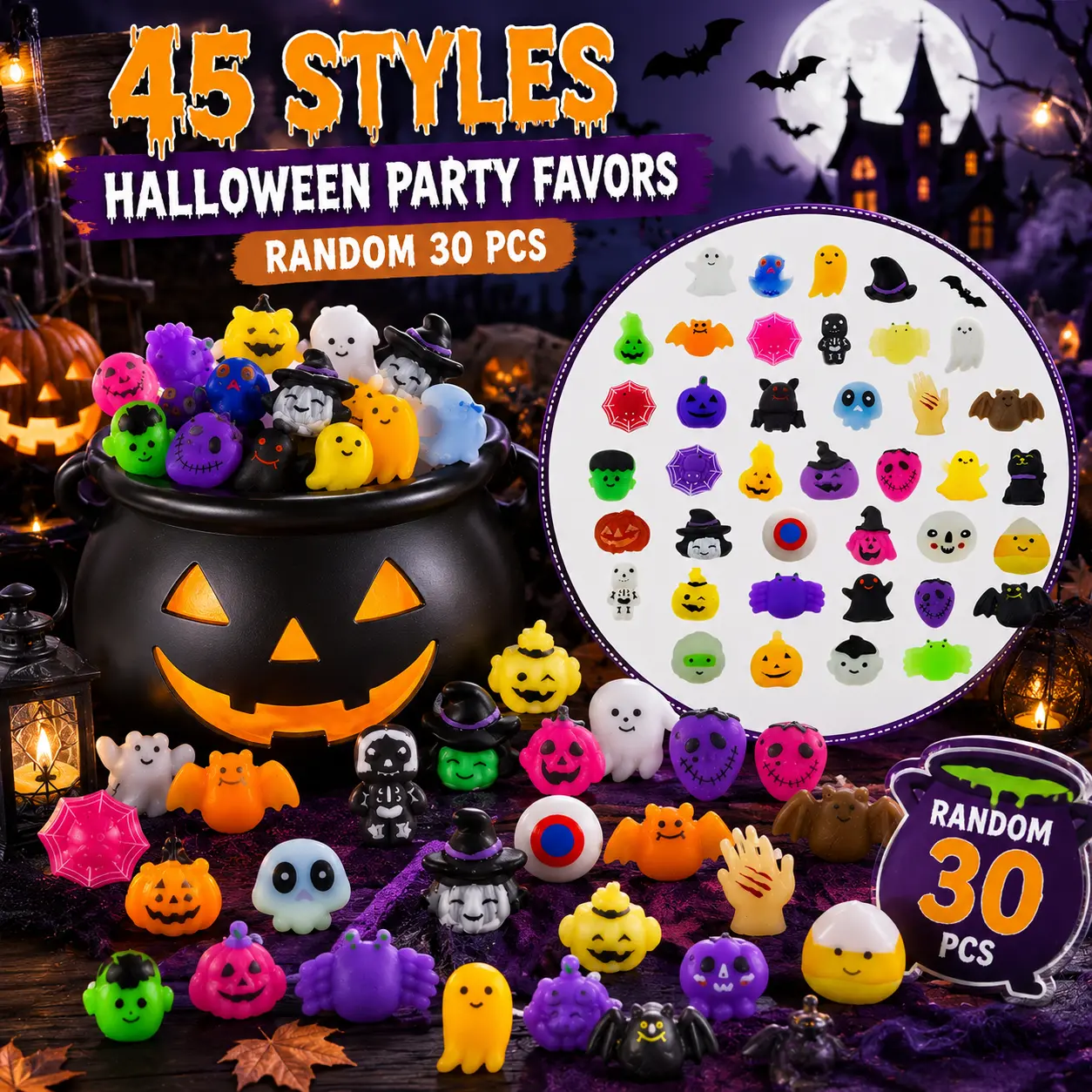 30PCS Halloween Squishy Toys, Cute Cartoon Designs, Colorful Random Fidget Toys, Party Favors & Halloween Prizes