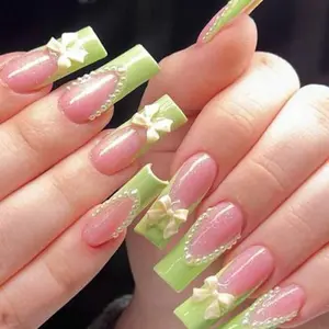 A24 Light Green Lime Coquette Press On Nails Nail Set White Bow French Tip Nude Sparkle Pearl Design Coffin Shape Square Natural Durable Long Lasting Strong 24 Pieces