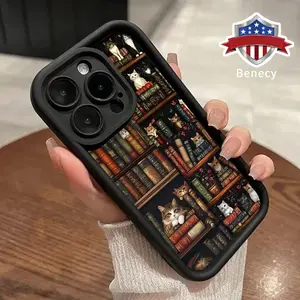 Soft Phone Case for iPhone 16 15 14 Pro Max 13 12 11 XR XS Plus E Kitten with Bookshelf Pattern TPU Bumper Camera Lens Protection Rugged Durable Phone Cover