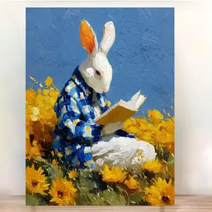 1pc, [2D Flat] with Frame, 12x16inch Decorative Painting, or, Fun Bunny Canvas Art Easter Bunny in Plaid Shirt Reading Book, Vibrant Sunflower Field Backg, Perfect Gift for Animal Lovers, Home Decor, Easter Gift Idea Playful Animal Art Detai Fur Texture	