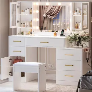 51" White Makeup Vanity Desk with Mirror and LED Lights – Vanity Table with Charging Station, 6 Drawers, 3 Cabinets & Cushioned Stool