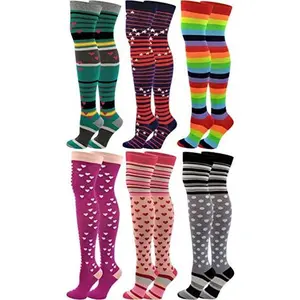 Women's Polyester Thigh-High Over-the-Knee Socks - 6-Pair, Neon Polka Dot Hearts Design, Polyester Socks