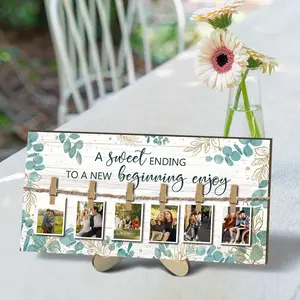 Wooden Photo Frame, 1 Count Sweet Wedding Sign with 6 Counts Clips, Memory Table Sign, Wooden Memorial Picture Hanging Board, Family Decor, Photo Display Sign