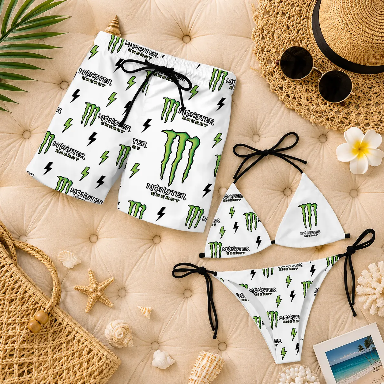 Matching Monster Floral Couple Swimwear Set - Women's Triangle Bikini & Men's Quick Dry Beach Board Shorts, Summer Vacation Pool Party Outfit