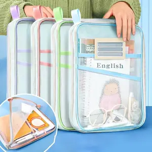 A4 Zipper File Bag, 4 Counts/set Transparent Document Organizer with Colorful Handle, Ideal for Student Exam Papers, Books & Office Supplies, File Storage Bag