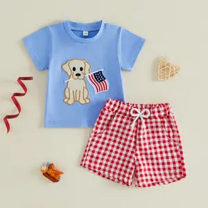Afunbaby Kids Baby Boy Summer 4th of July Outfits Set Short Sleeve Embroidery Dog T-shirt Tops with Plaid Shorts Independence Day Clothing for Girls Boys