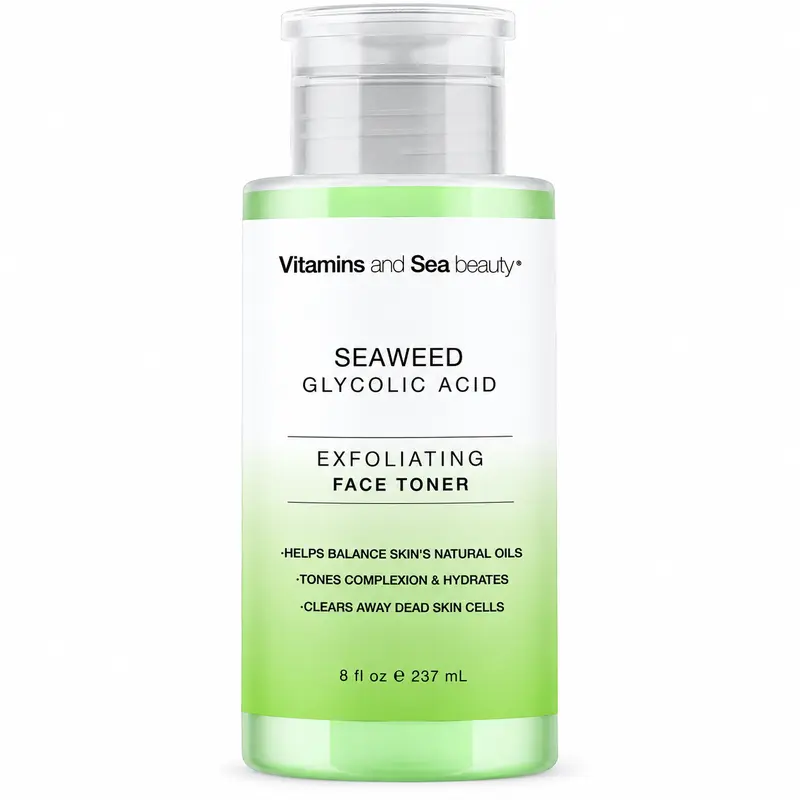 Exfoliating Face Toner with Seaweed & Glycolic Acid – Tones, Hydrates & Clears Dead Skin Cells – Oil Balancing Toner for All Skin Types – Vegan, Paraben-Free, Cruelty-Free – 8 fl oz