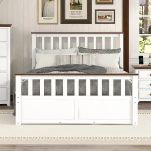 Full Bed with 2 Storage Drawers, Wood Full Size Platform Bed with Storage and Wooden Slat Support, No Box Spring Needed (White+Walnut)