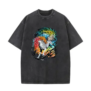 Men's Casual Oversized Streetwear T-shirt, Premium Cotton Fabric, Reinforced Stitching, Wolf Graphic, Short-sleeve Menswear Top