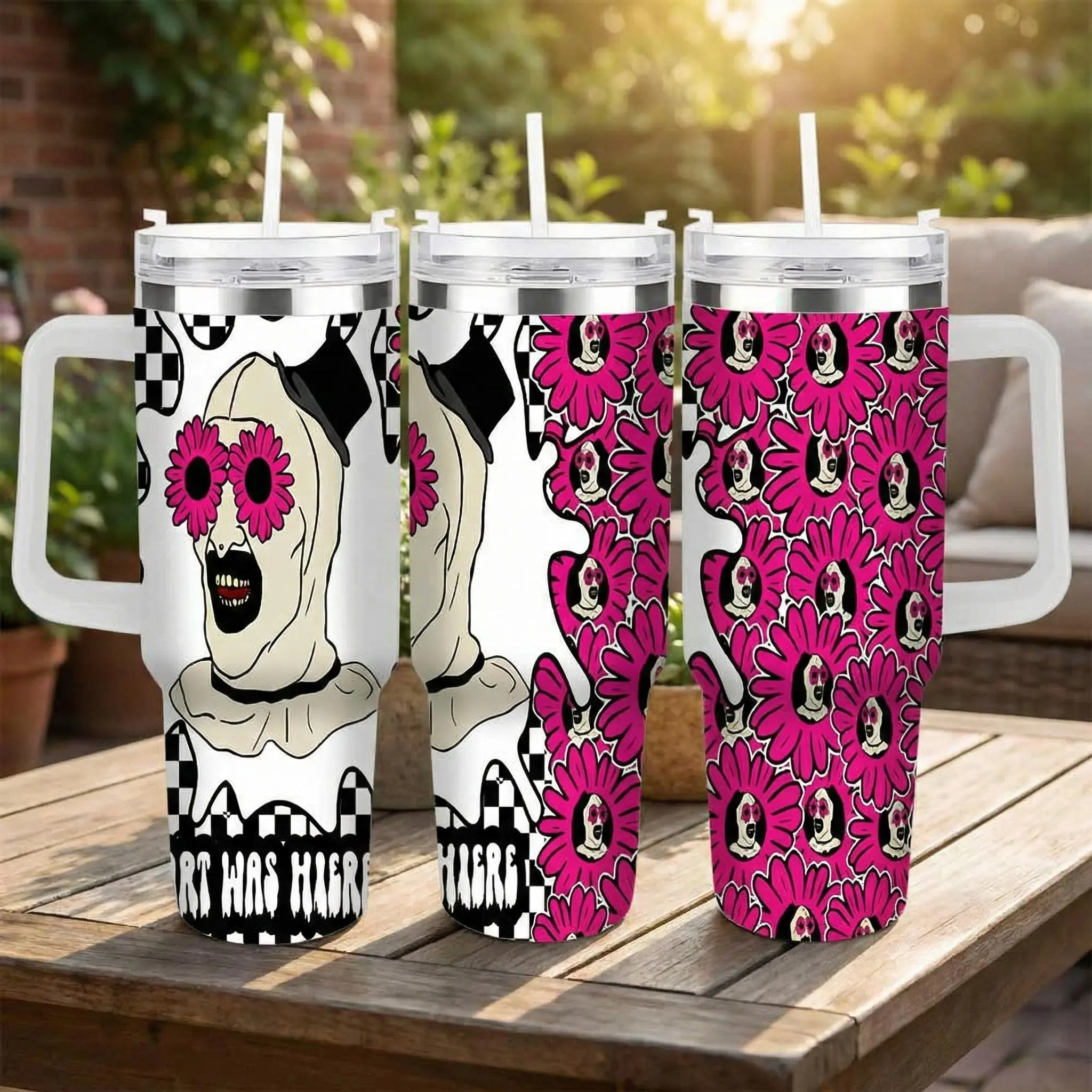 Vintage Clown Skull Car Cup (40oz/30oz/20oz) Pink Daisy Art Pattern Double Wall Stainless Steel Insulated Leakproof Tumbler Perfect for Road Trips Office Outdoor Adventures Halloween Parties Creative Gifts summerwins