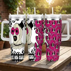 Vintage Clown Skull Car Cup (40oz/30oz/20oz) Pink Daisy Art Pattern Double Wall Stainless Steel Insulated Leakproof Tumbler Perfect for Road Trips Office Outdoor Adventures Halloween Parties Creative Gifts summerwins