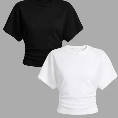 Women's Summer Two-Piece, Y2K Basic Casual Street Style Trend, Elastic Loose Ruched Short Round Neck T-Shirt, Fit, All Seasons Fashion Clothes, Casual Everyday Set