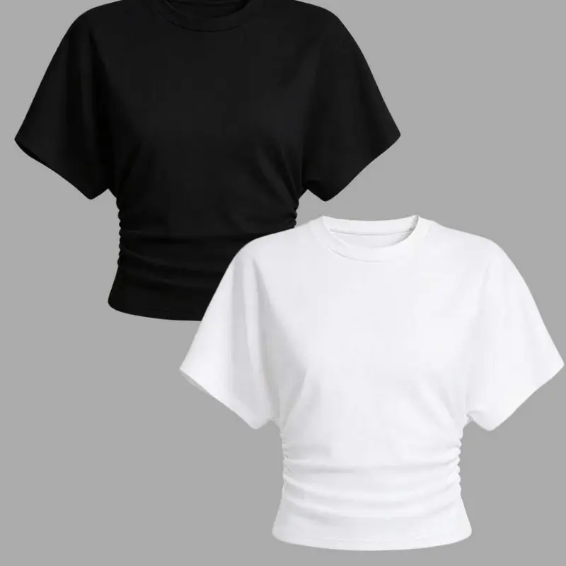 Women's Summer Two-Piece, Y2K Basic Casual Street Style Trend, Elastic Loose Ruched Short Round Neck T-Shirt, Fit, All Seasons Fashion Clothes, Casual Everyday Set